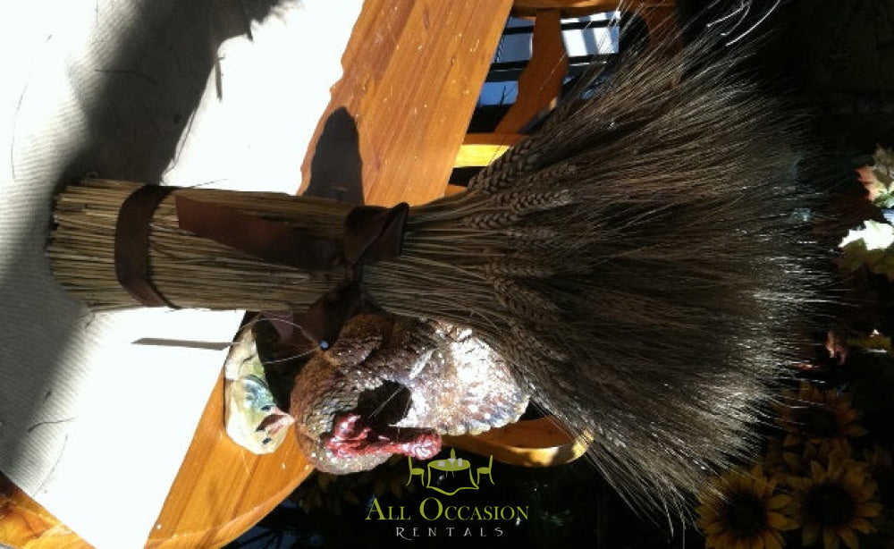 Rustic wheat centerpiece rental for events in Corona, perfect for outdoor and vintage themes.