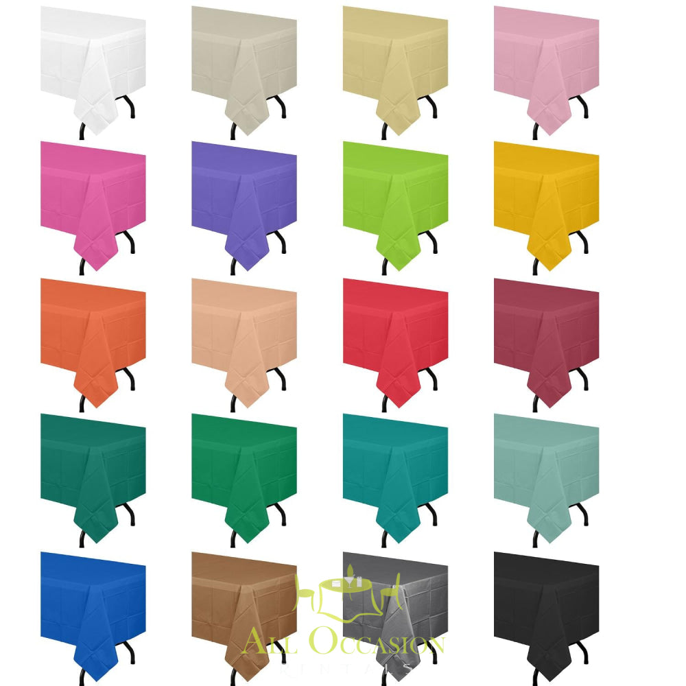 Various colors of 8 ft Table Drape options for event rentals, including white, pink, green, and black.
