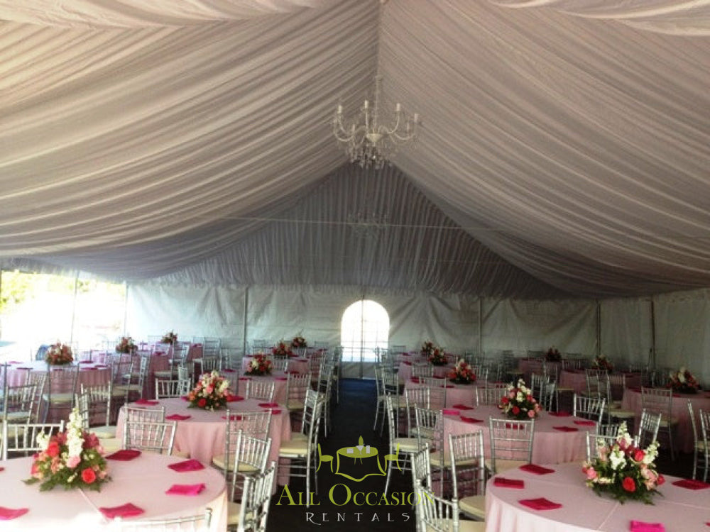 Elegant tent liners enhance the decor for events, perfect for party and wedding rentals in Corona, CA.