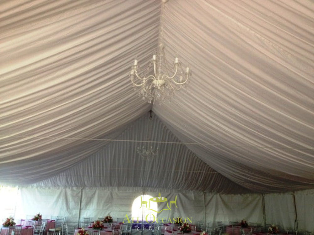 Elegant tent liner with chandelier, perfect for event rentals and parties in Corona, CA.