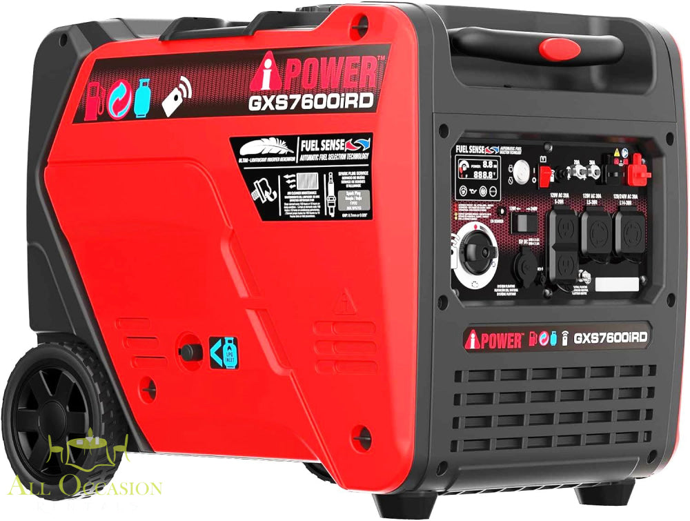Dual Fuel Inverter Generator with wheels, featuring controls and outlets for flexible power options.