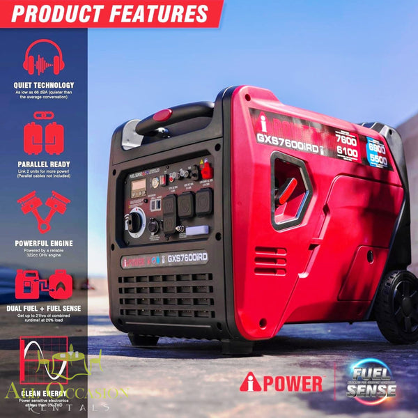 Product features of Dual Fuel Inverter Generator with quiet technology and powerful engine for versatile use.