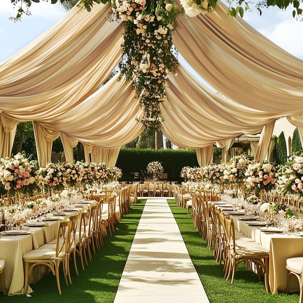 Large tented reception with long tables and warm lighting for guest experience