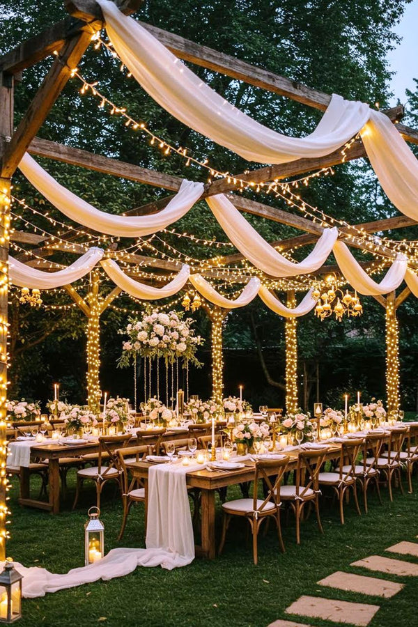 String-light canopy over long farm tables creating event atmosphere