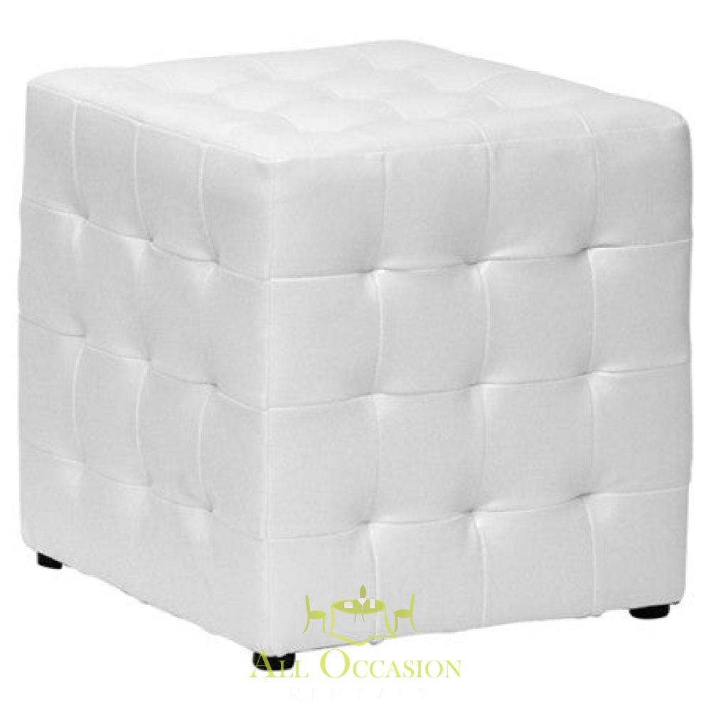 Cube ottoman in white faux leather, perfect for events and rentals in Corona, CA.