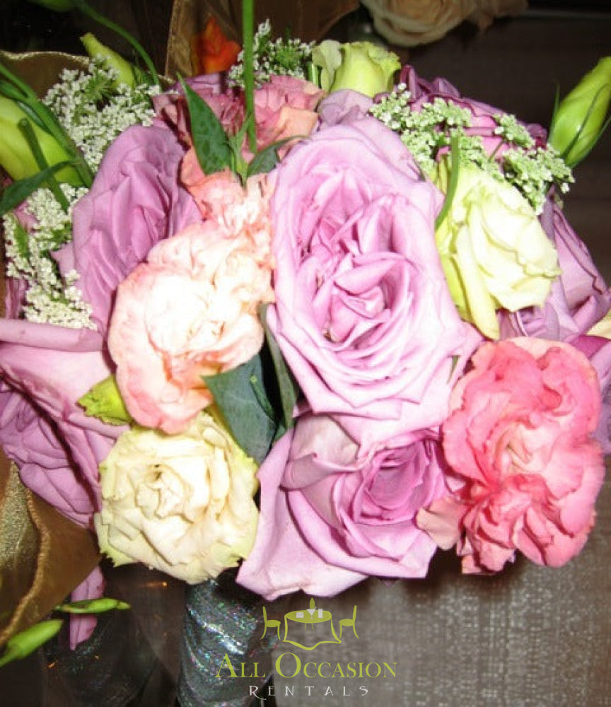 Wedding bouquet flowers in pink and lavender for event rentals in Corona
