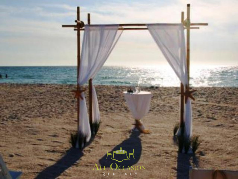Bamboo canopy for beach weddings, perfect for event rentals in Corona, CA, enhancing outdoor decor.