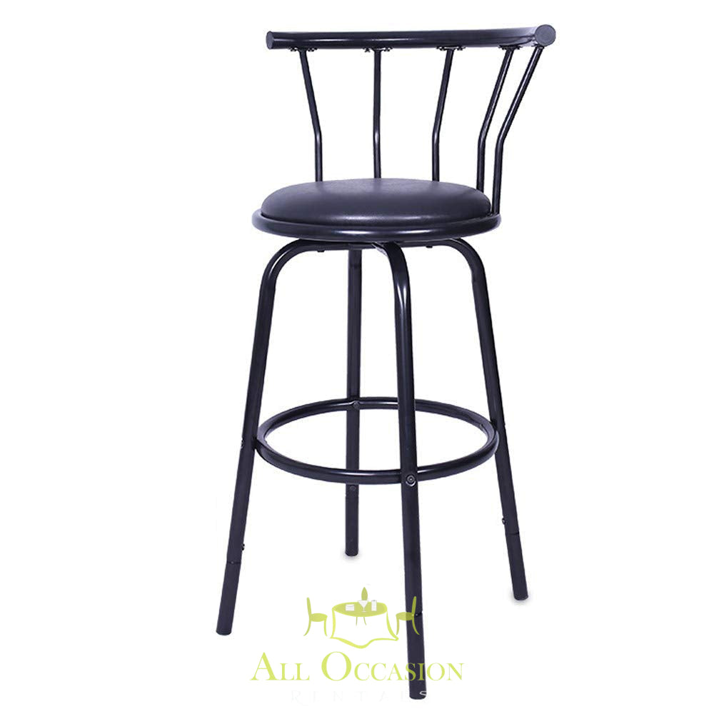 Black metal swivel bar stool ideal for casual parties, available for rental in Corona event rentals.