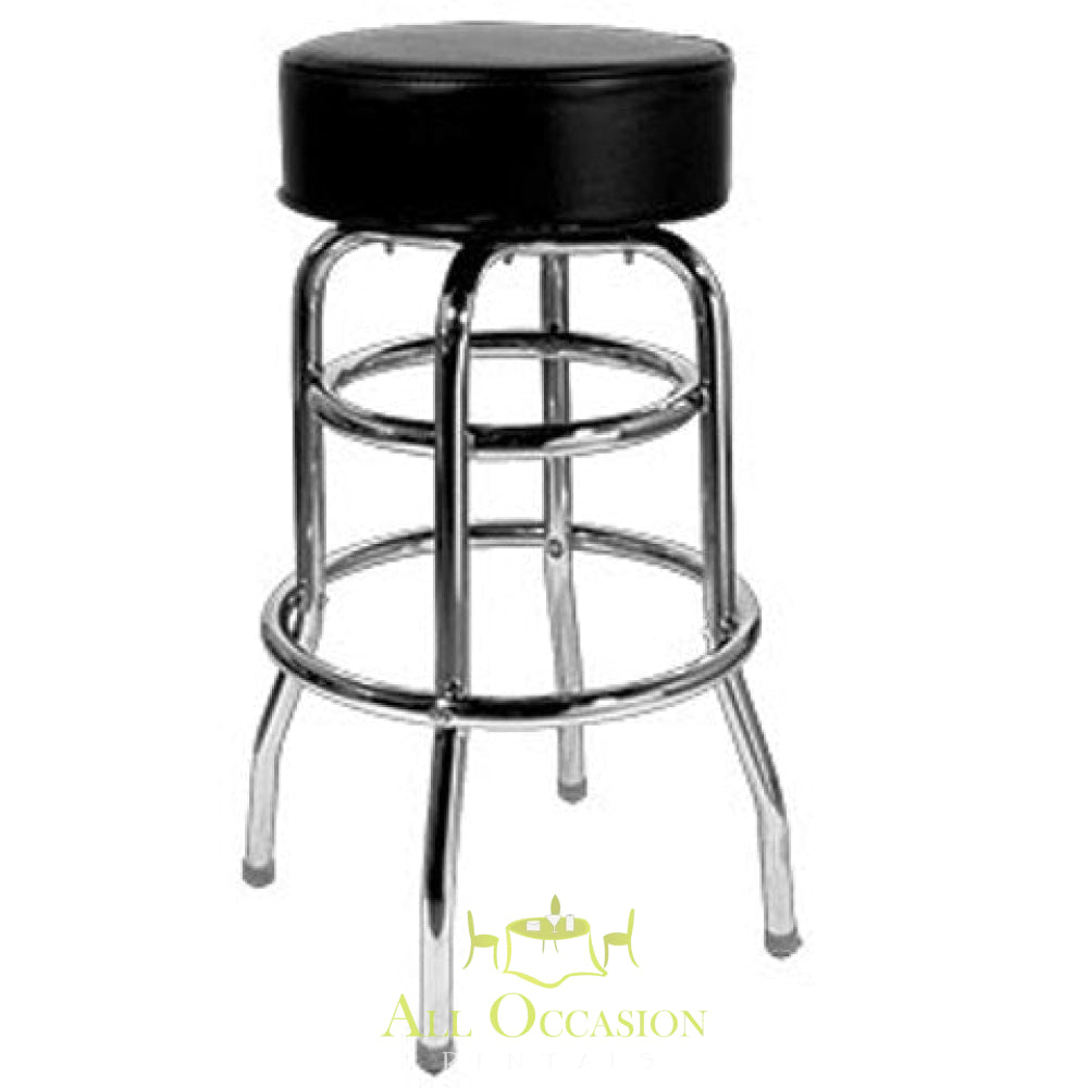 Chrome bar stool with black cushion for casual seating at events. Perfect for Corona party rentals and Inland Empire event rentals.