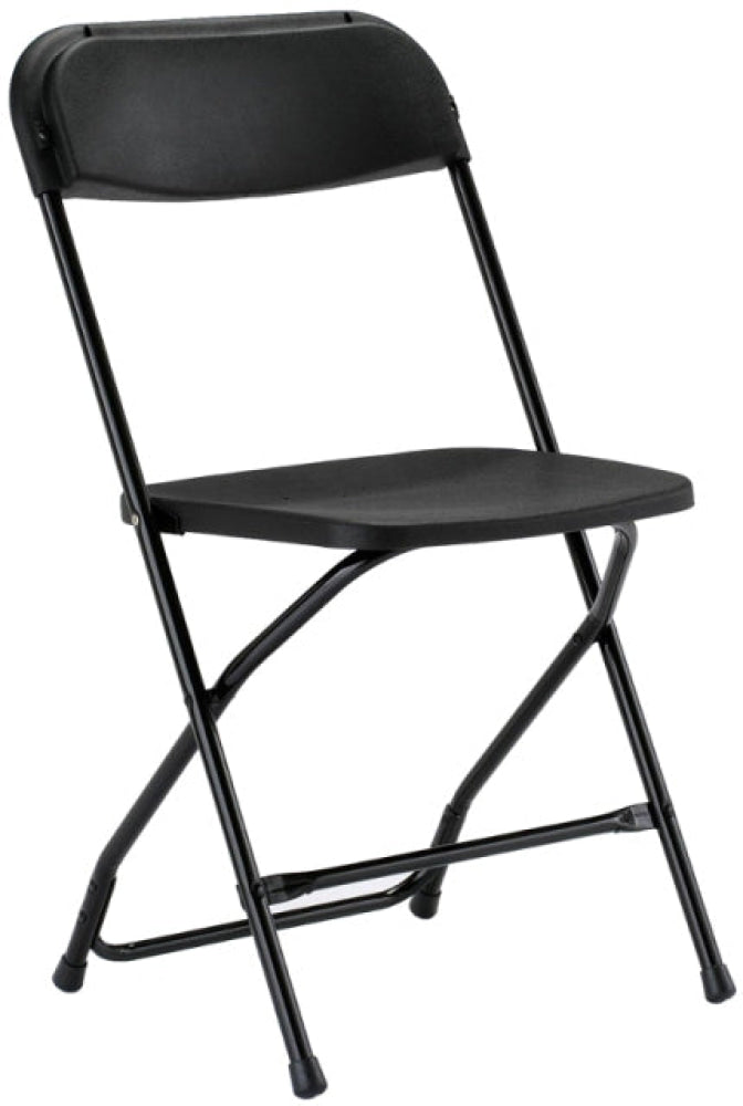 Black plastic folding chair for event rentals in Corona, perfect for weddings and all occasions.