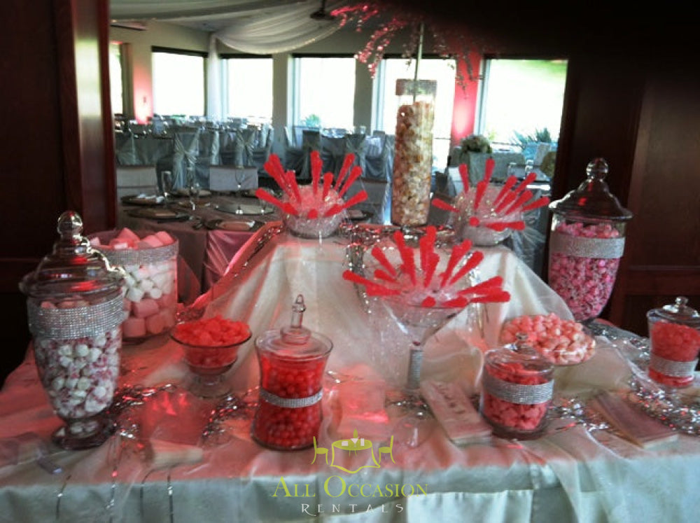 Candy buffet setup for event rentals in Corona CA, featuring colorful treats ideal for parties and celebrations.