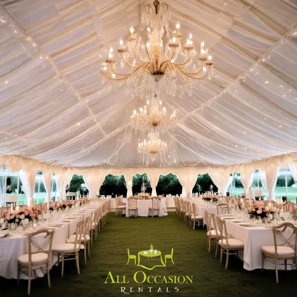 Elegant tent with crystal chandeliers, perfect for wedding rentals, event rentals, and banquet settings in Corona.