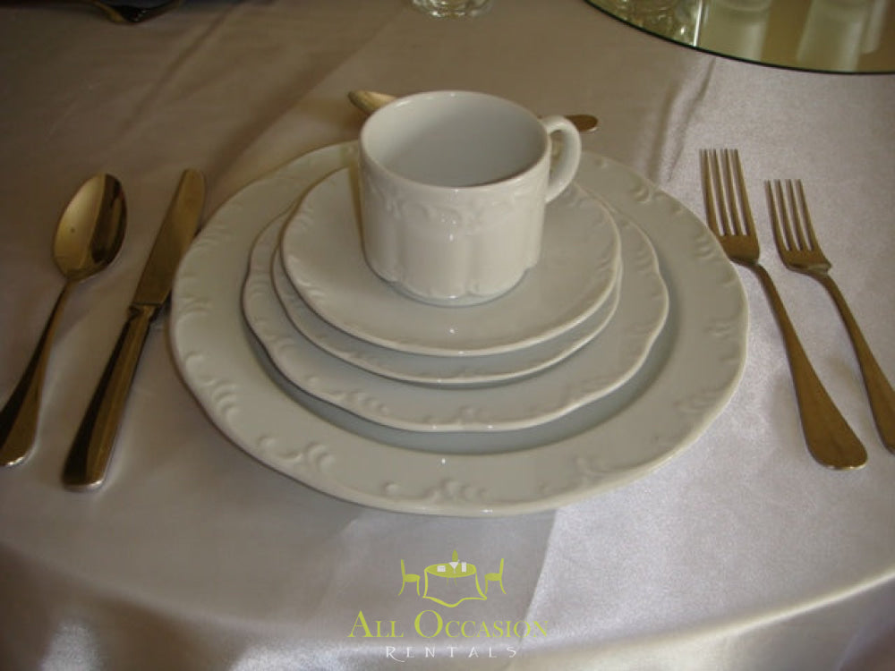 Elegant 7.5" dessert plate with matching cup for event rentals in Corona, perfect for weddings and receptions.