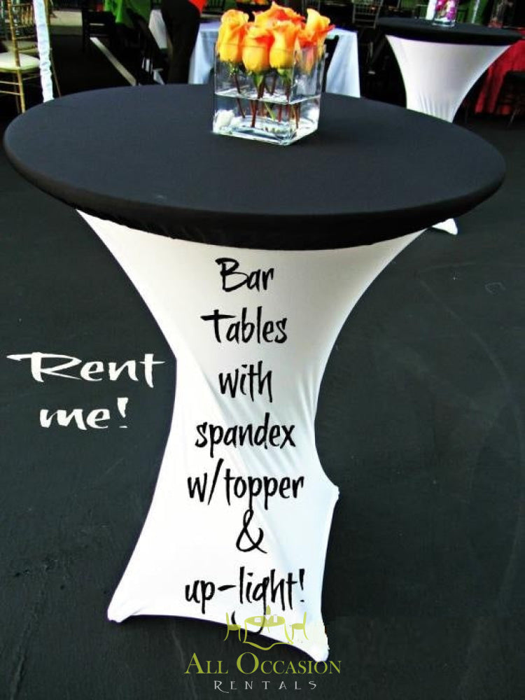 High top cocktail table with spandex cover and up-light for rent, ideal for parties and events in Corona.