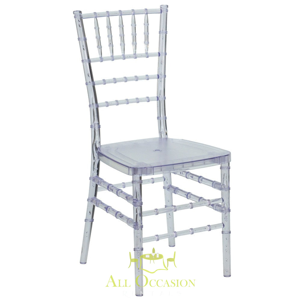 Crystal Clear Chiavari Chair rental for elegant events by All Occasion Rentals in Corona, ideal for weddings and gatherings.