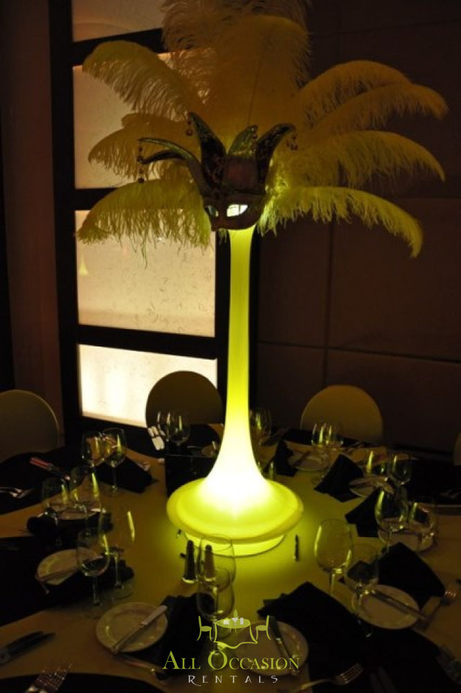 Illuminated feathers centerpiece for event rentals in Corona, ideal for weddings and parties.