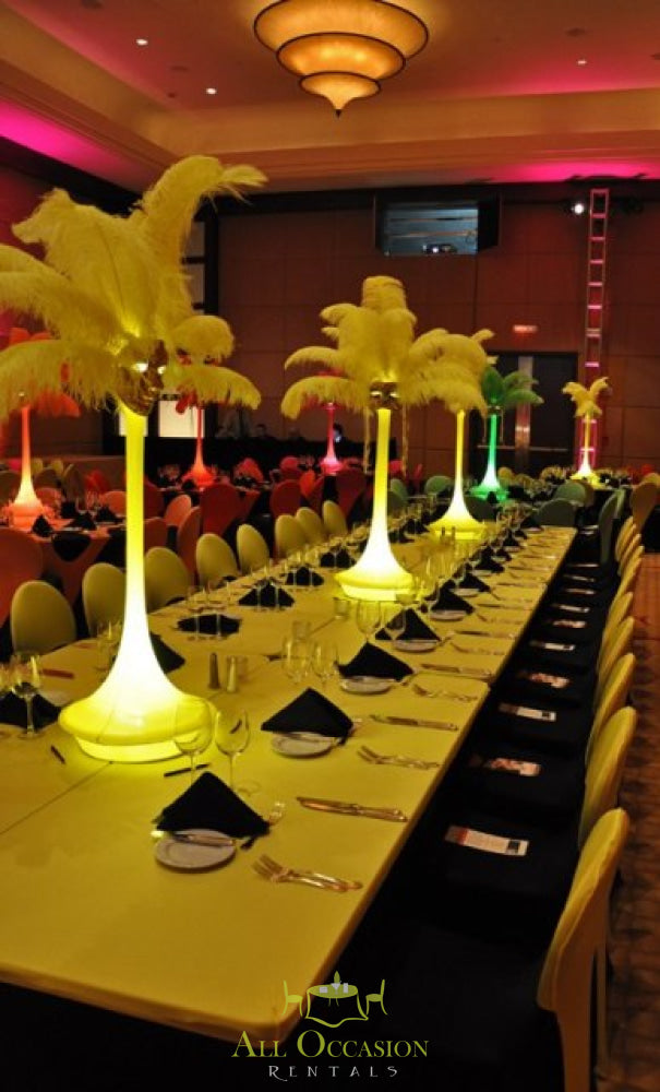 Colorful feather centerpieces on banquet table, ideal for Corona event rentals and party decor.