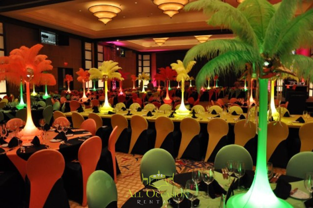 Colorful feather centerpieces at a lavish event setup, ideal for Corona party rentals and event decor.