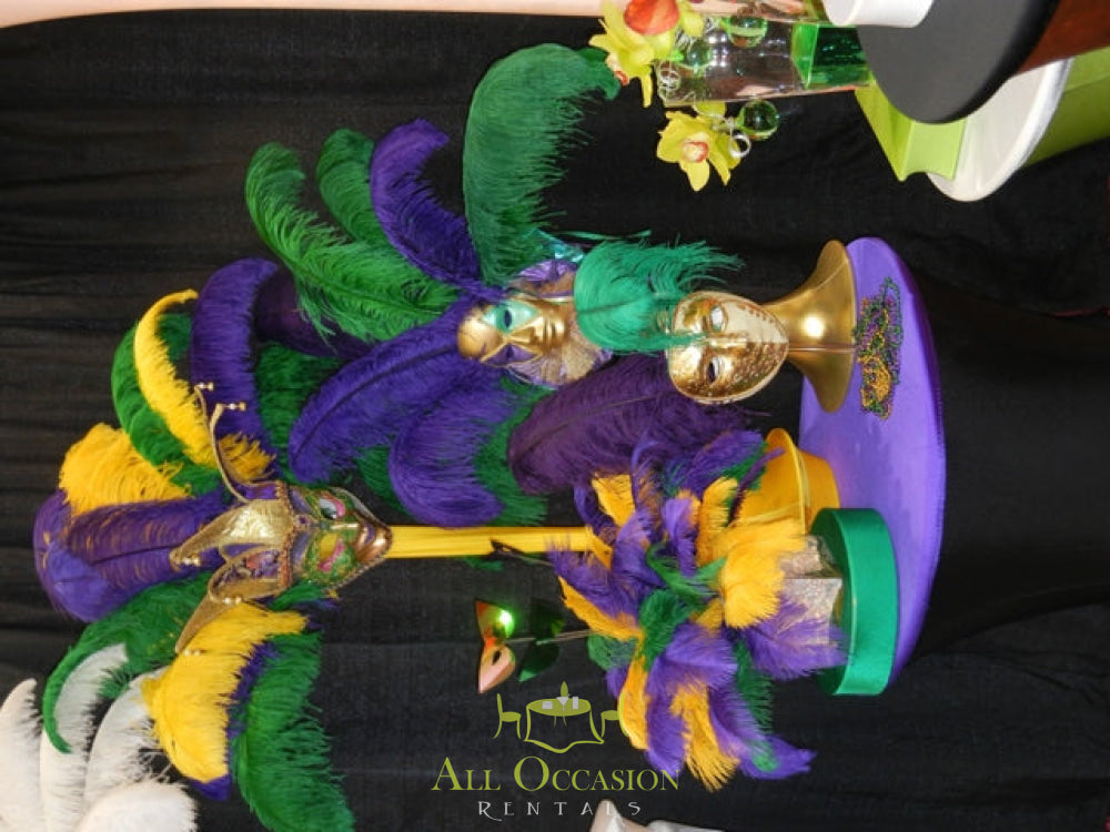 Vibrant feather centerpieces for events, ideal for Corona party rentals and vintage event rentals in Corona.