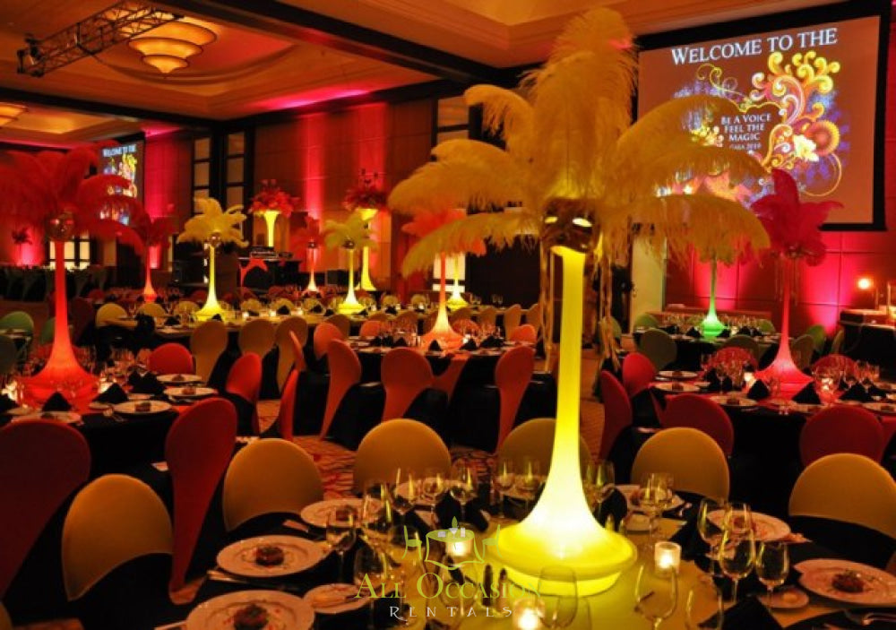 Feathers centerpieces for elegant event, highlighting rental services for Corona party rentals and Inland Empire event rentals.