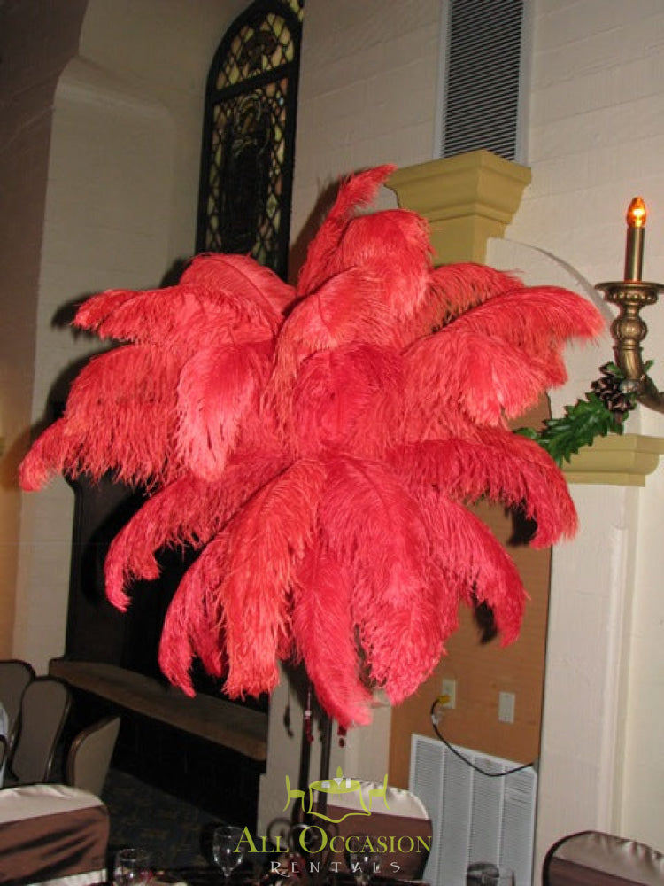 Red feathers centerpiece for event rentals in Corona, perfect for weddings and parties, available through Corona event rentals.