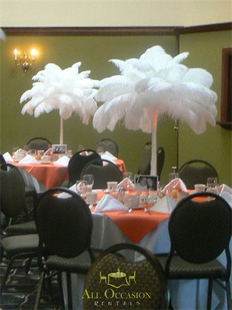 Elegant feathers centerpieces for event rentals in Corona, perfect for weddings and parties.