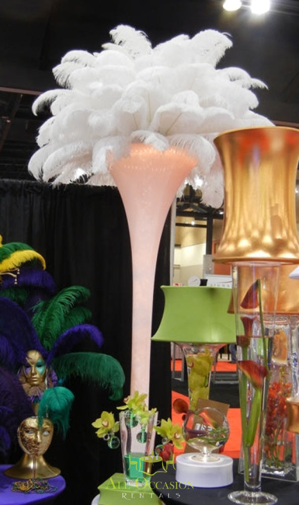 Elegant white feather centerpiece, perfect for weddings and events. Ideal for Corona party rentals and event decor.