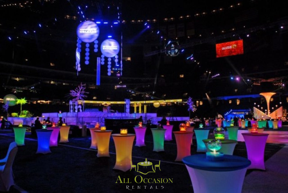 Vibrant illuminated event space with colorful tables, perfect for Corona party rentals and event rentals in the Inland Empire.