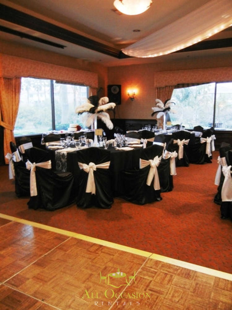 Elegant Feathers Centerpieces in a decorated banquet setting for event rentals in Corona, CA.