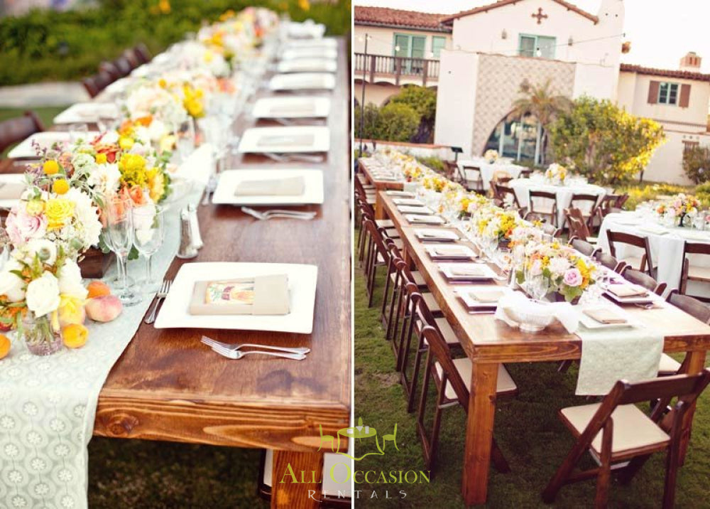 Elegant farm table setup with flowers for event rentals in Corona, ideal for weddings and receptions.