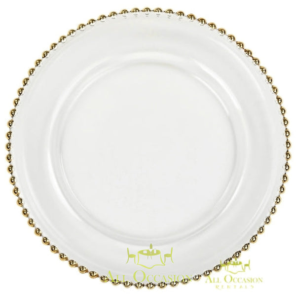 Elegant gold beaded glass charger plate for event rentals, perfect for weddings and parties in Corona.