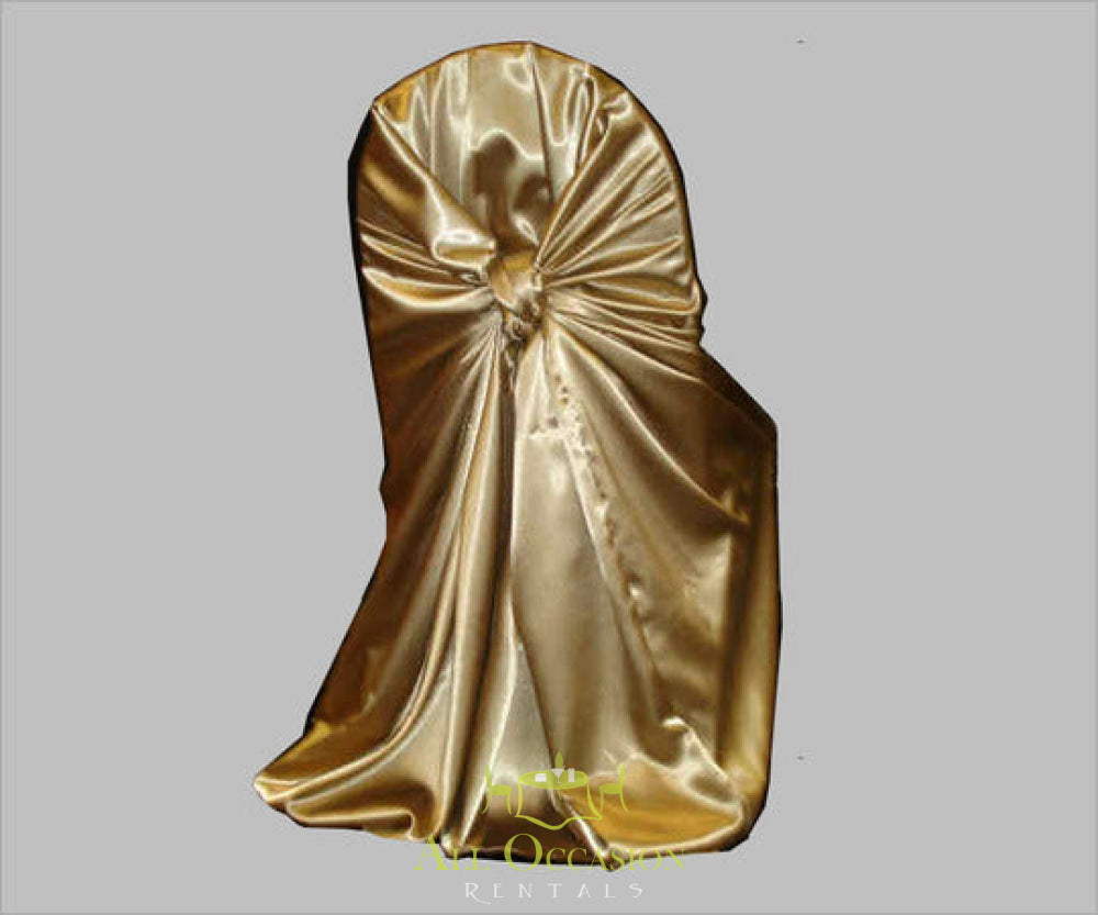 Gold satin chair cover ideal for weddings and events, available through Corona event rentals.