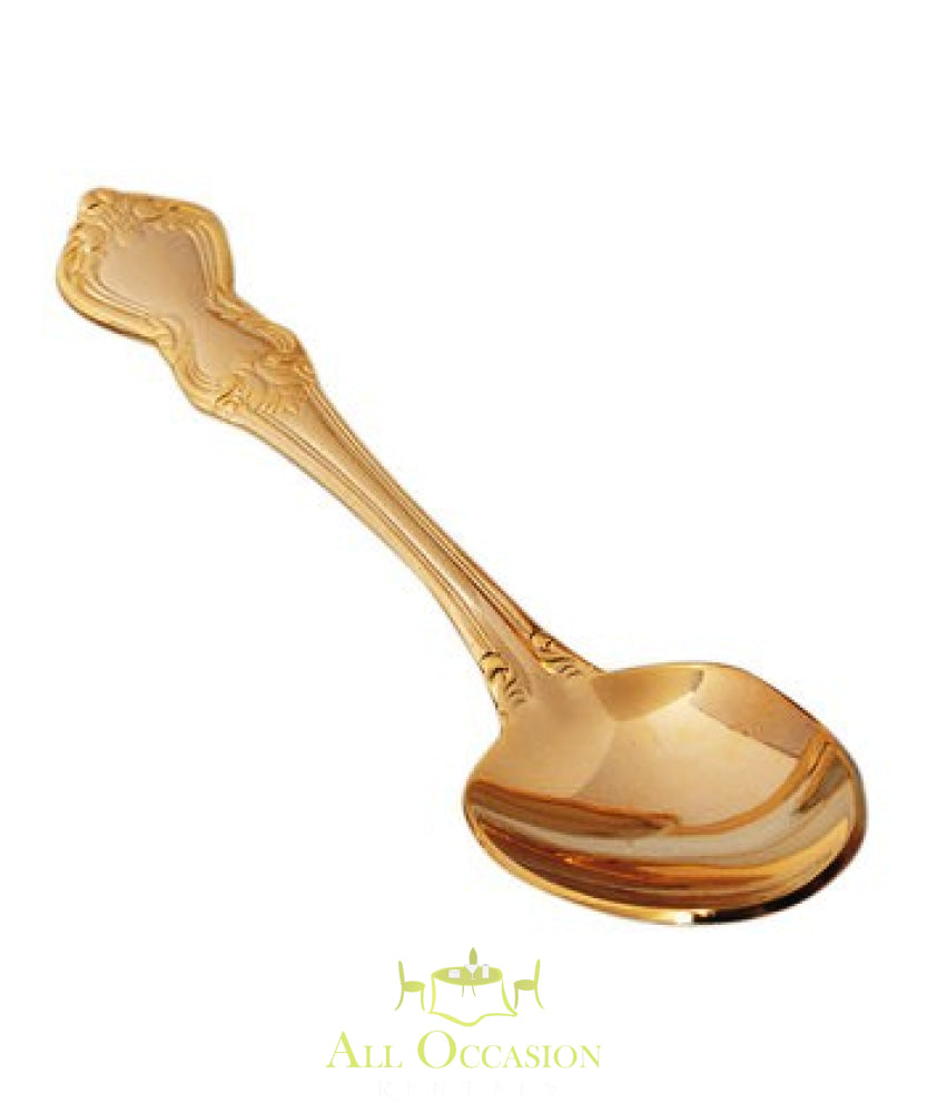 Elegant gold soup spoon ideal for events. Perfect for banquet tables and stylish catering in Corona party rentals.