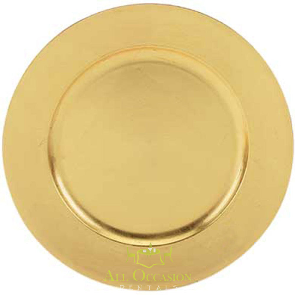 Gold charger plate for event rentals in Corona, perfect for weddings and parties. Enhance your table setting today!