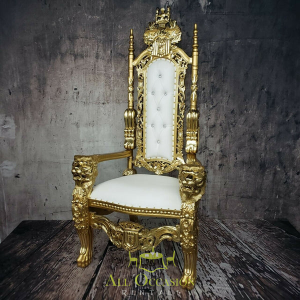 Gold lion king throne chair, ideal for events, available through Corona party rentals and Inland Empire event rentals.