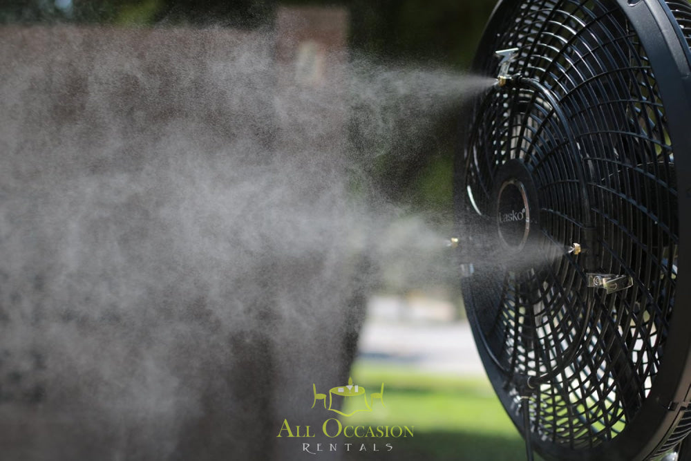 Misting Fan Ring Attachment for 20-Inch Fan Rental in action, providing mist for outdoor cooling.