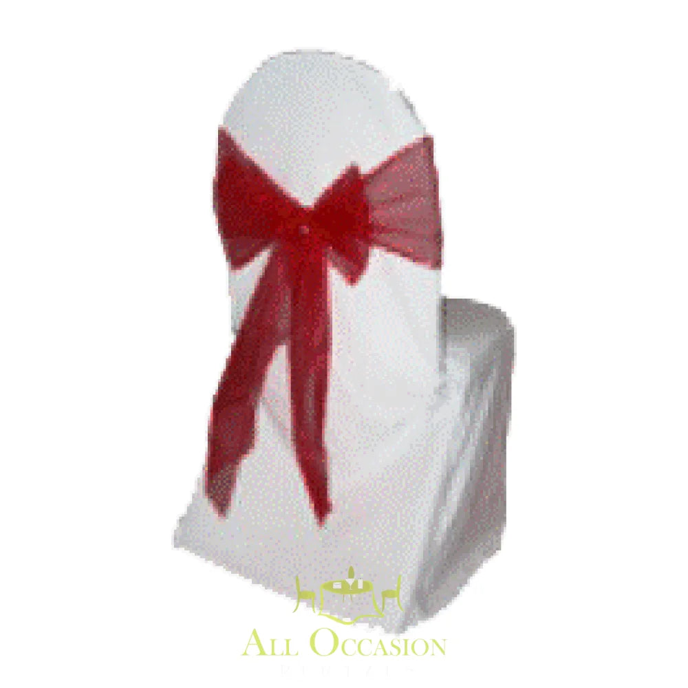 Burgundy organza sash tied on a white chair cover, perfect for weddings and events in Corona and the Inland Empire.