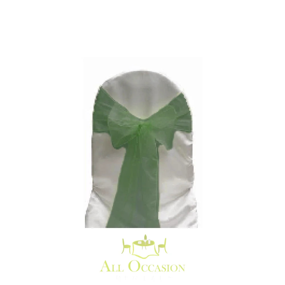 Hunter green organza sash on white chair for event decoration, ideal for Corona party rentals and weddings.
