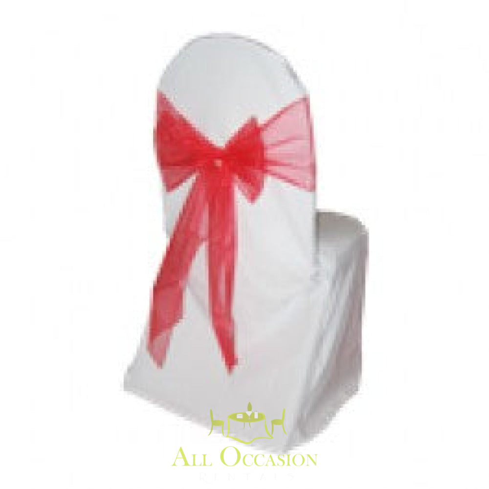 Red organza sash tied on a white chair, ideal for wedding and event rentals in Corona.