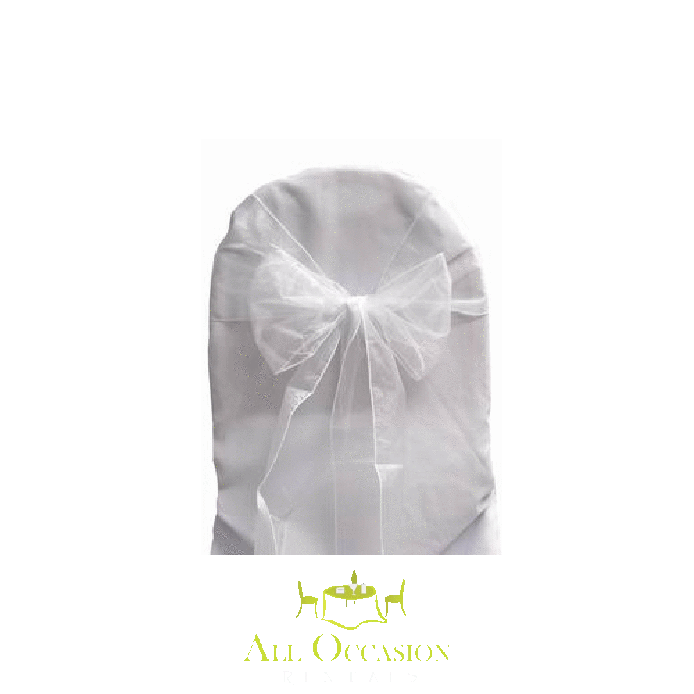 Organza white sash on a chair cover, perfect for wedding and event rentals in Corona and Inland Empire.