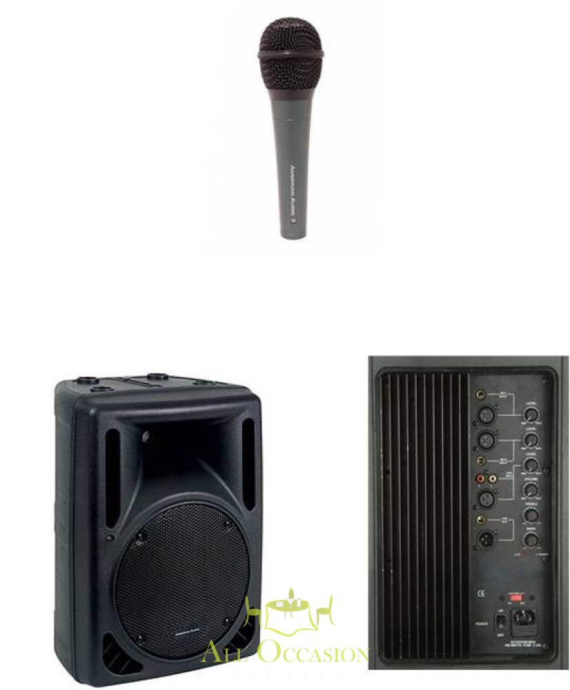 PA System Package #1 featuring microphone and speaker for Corona party rentals and event rentals.