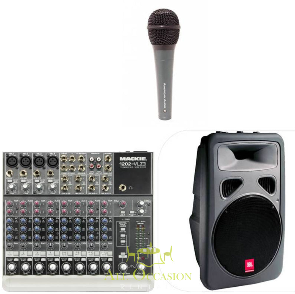 PA System Package #2 with Mackie 1202 Mixer, JBL Speaker, and Corded Mic for Corona event rentals.