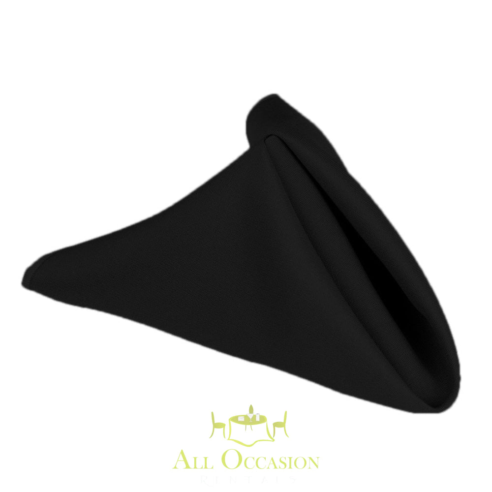 Black polyester napkin ideal for Corona event rentals and elegant table settings.