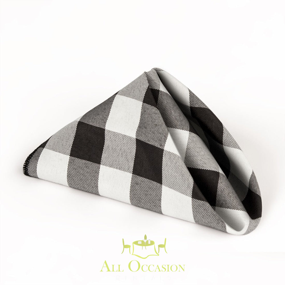 Black and white plaid polyester napkin for elegant table settings, perfect for Corona event rentals.