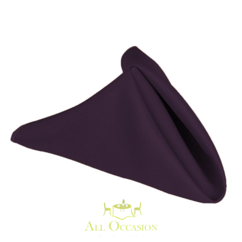Eggplant polyester napkin for elegant table settings at events, part of Corona party rentals and table linen rental.