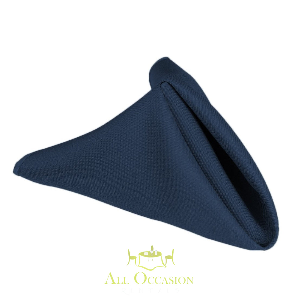 Elegant navy blue polyester napkin for rental, perfect for wedding and party decor, available through Corona event rentals.