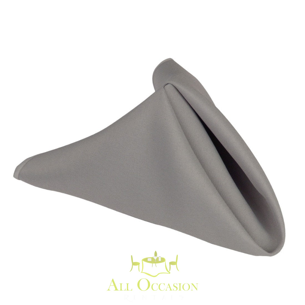 Silver polyester napkin for elegant table settings, ideal for parties and weddings; available through Corona event rentals.