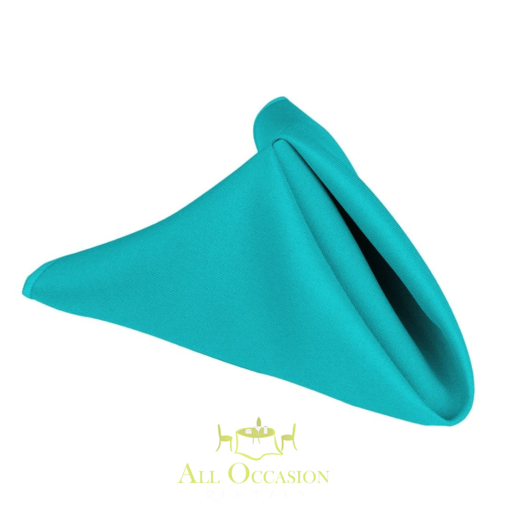 Turquoise polyester napkin for elegant table settings, ideal for Corona event rentals and weddings.