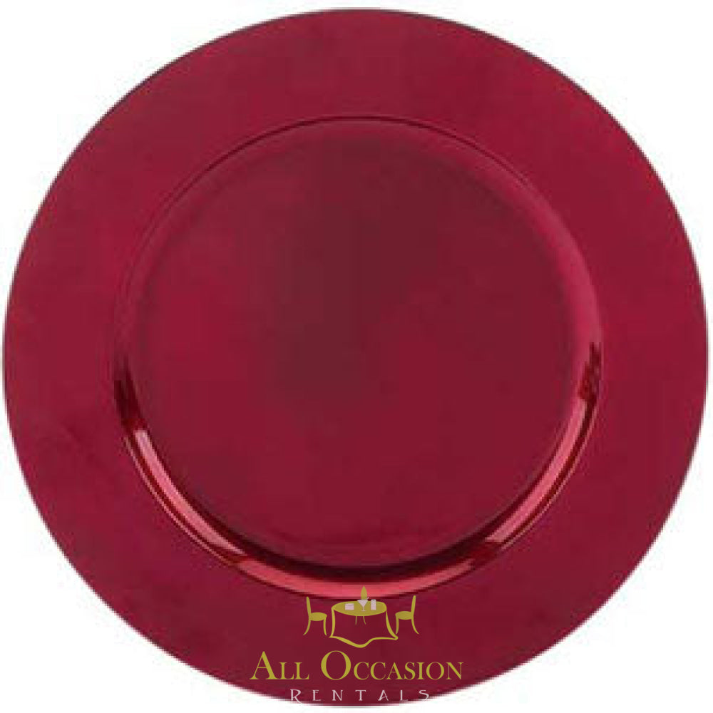 Red charger plate for event rentals in Corona, perfect for weddings and parties. Available from Corona event rentals.