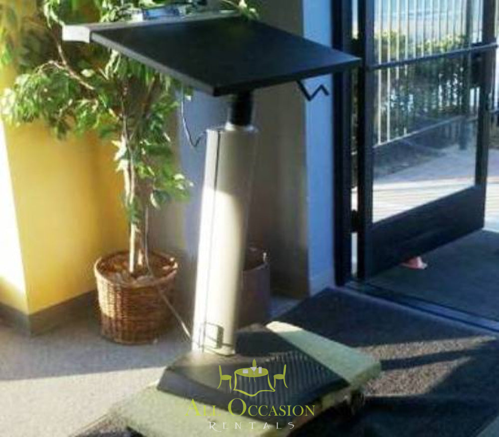 Podium with black top and storage, ideal for events and presentations. Available for rental in Corona for various occasions.